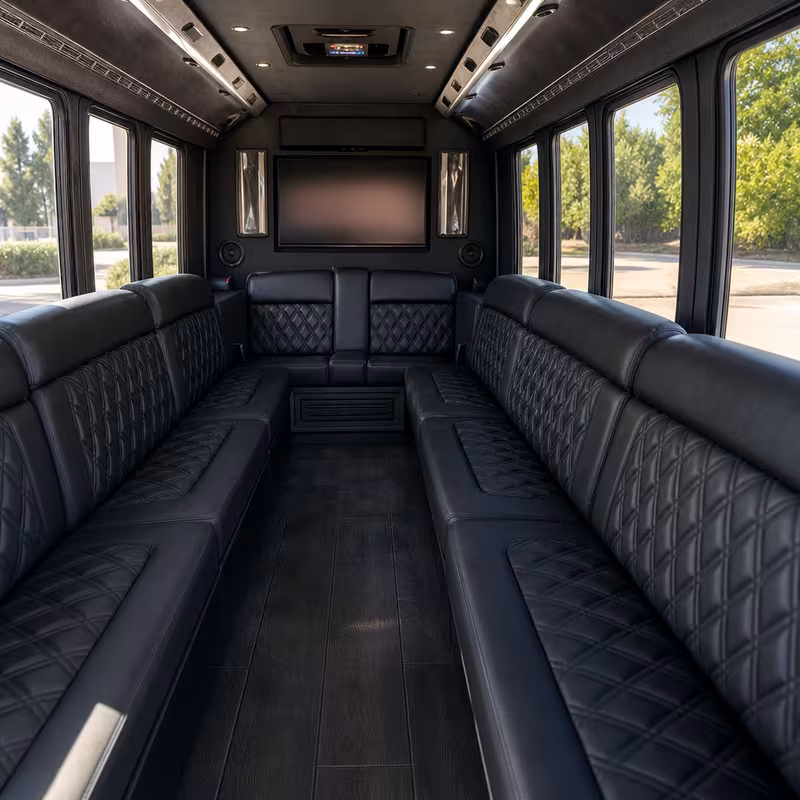 Passenger watching the Newark scenery during a regional party bus road trip
