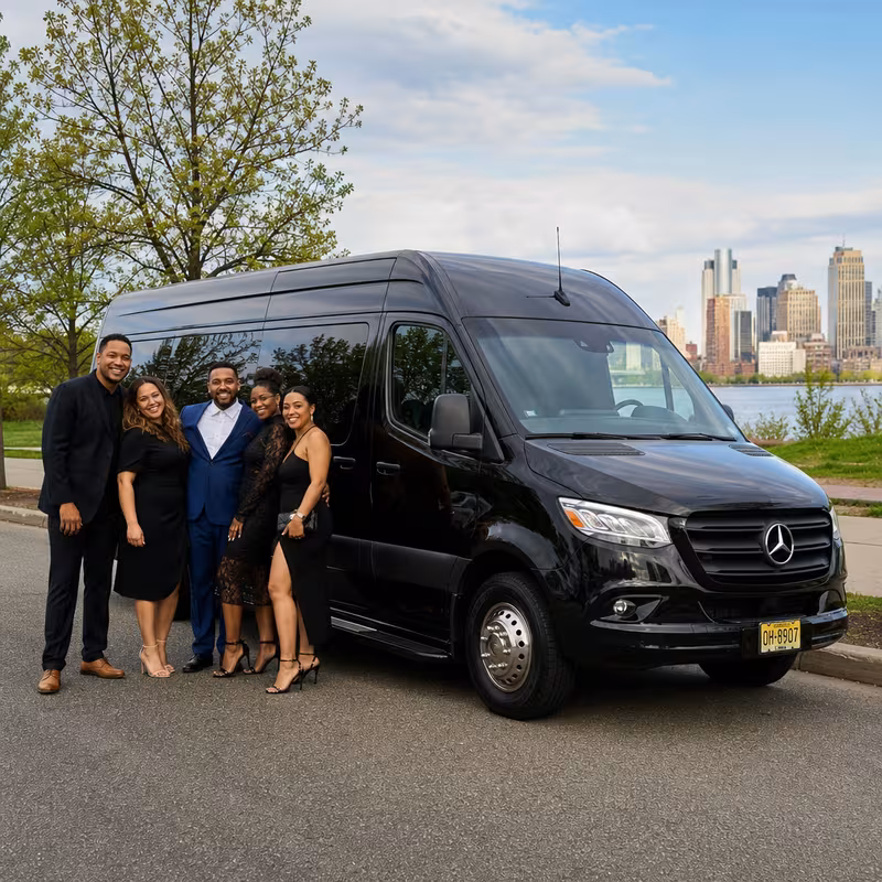 Group beside a Mercedes Sprinter limo from the Newark fleet