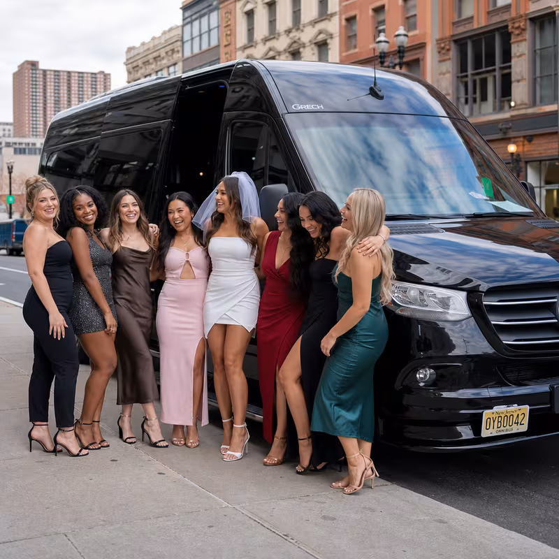 Group boarding a white charter bus for Bachelor & Bachelorette Transportation transportation in Newark
