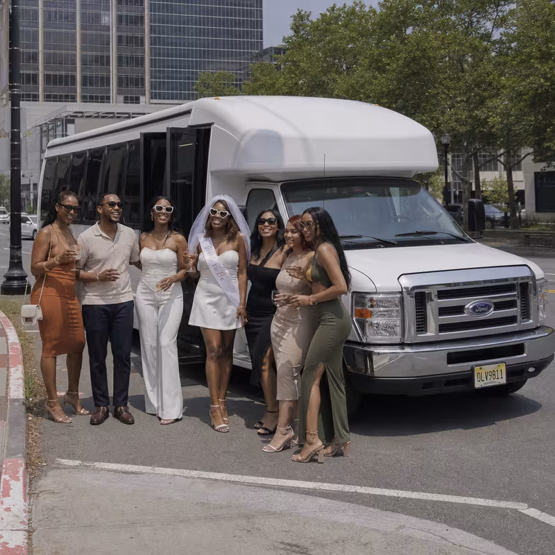 Black Mercedes Sprinter van staged for an Newark Bachelor & Bachelorette Transportation group