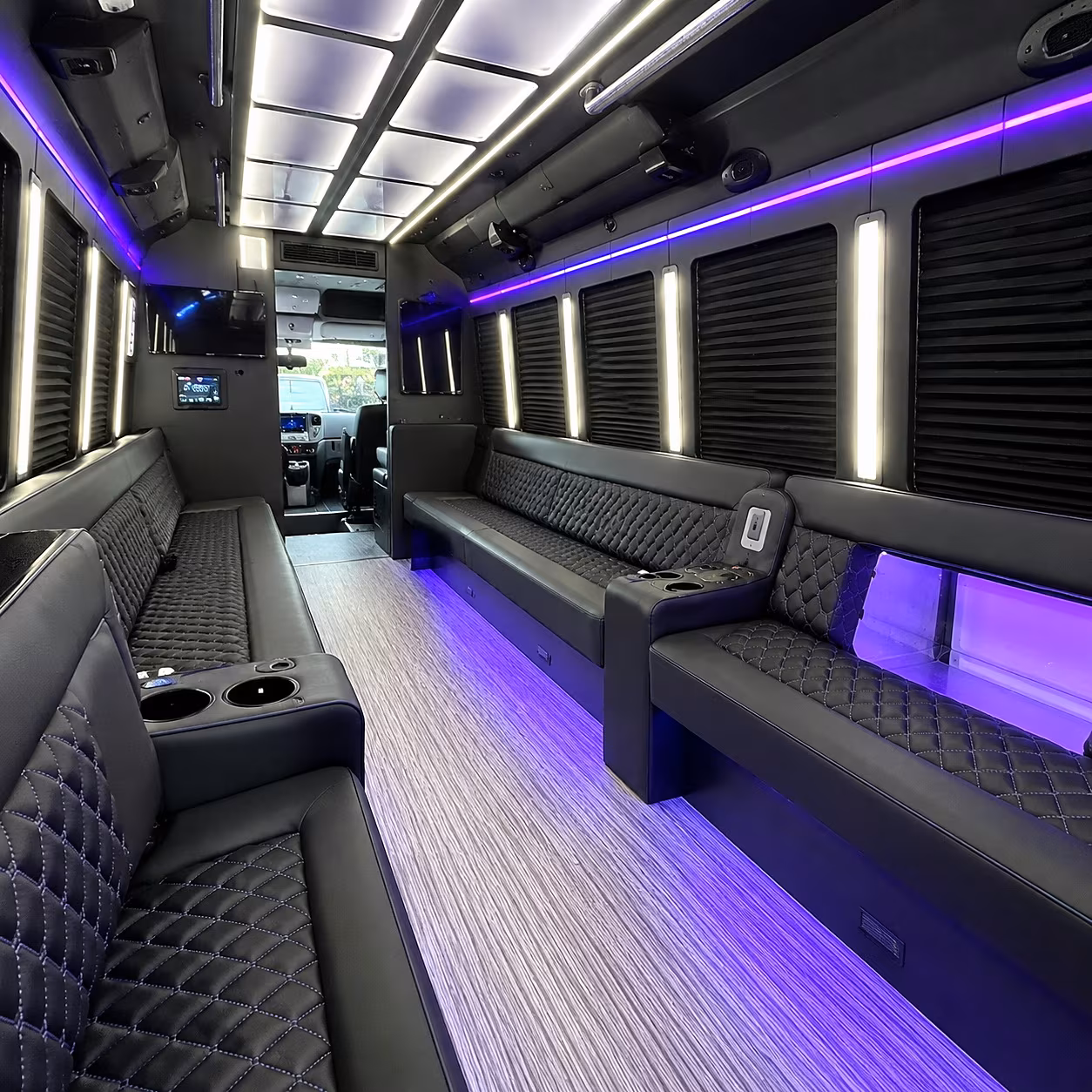 Interior of a party bus rental serving Newark