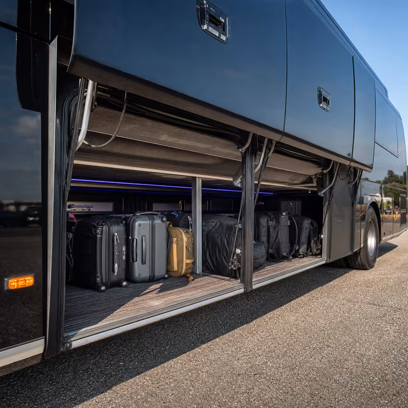 Party bus interior with wraparound leather seating and LED lighting in Newark