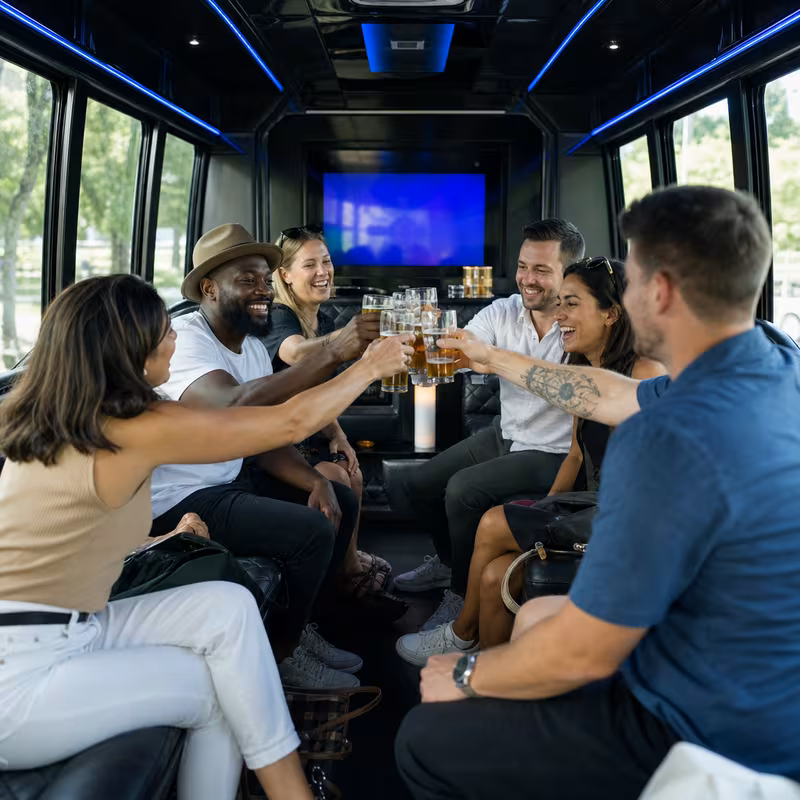 Black Mercedes Sprinter van staged for an Newark Winery & Brewery Tour Transportation group
